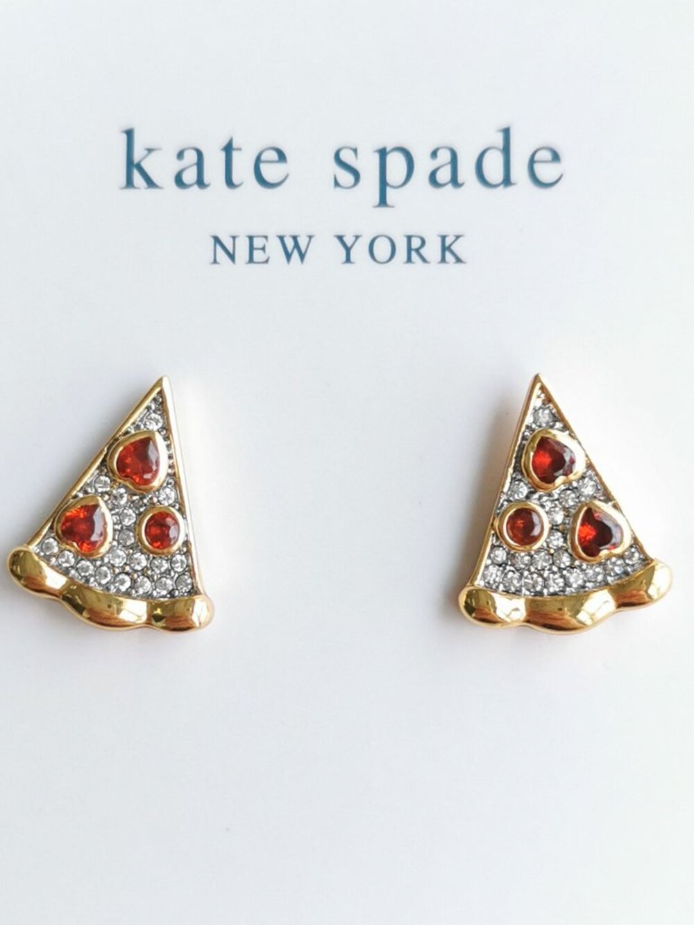 Kate Spade Pizza My Heart Stud Earrings Gold Multicolor Crystal Slice